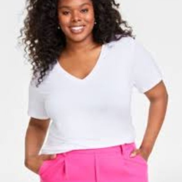 ON 34th Plus Size Modal and Spandex Soft V-Neck T-Shirt in White Size 1X - Picture 1 of 5
